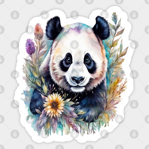 Fantasy, Watercolor, Panda Bear With Flowers and Butterflies Sticker by BirdsnStuff